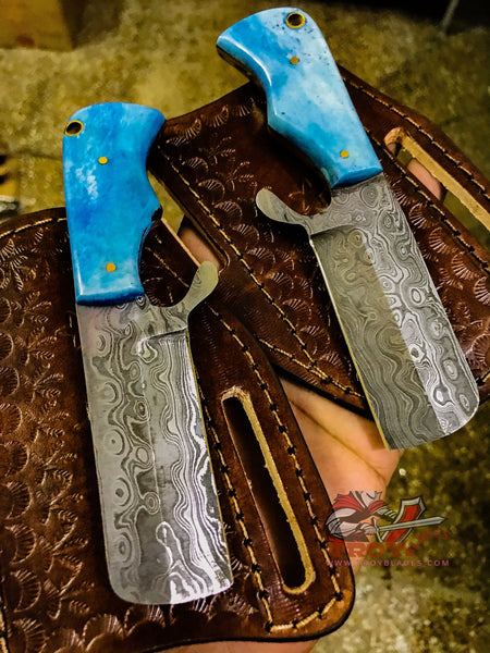 6” Custom Hand  made Damascus CowBoy knives with PanCake sheathe - Troy Blades