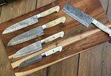 5pcs Custom handmade Damascus rustic style forged Kitchen/bbq set with bone handles - Troy Blades